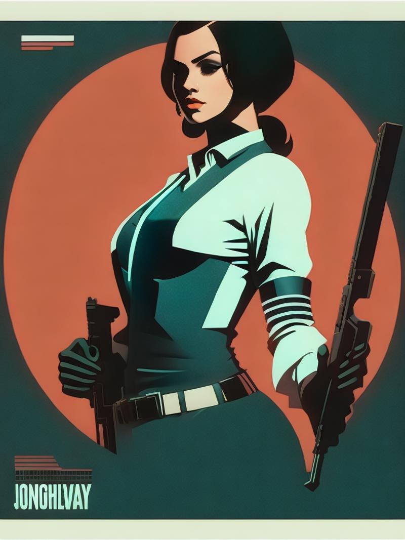 00768-1880549247-a poster of a woman holding a gun in her right hand and a gun in her left hand by Olly Moss.png